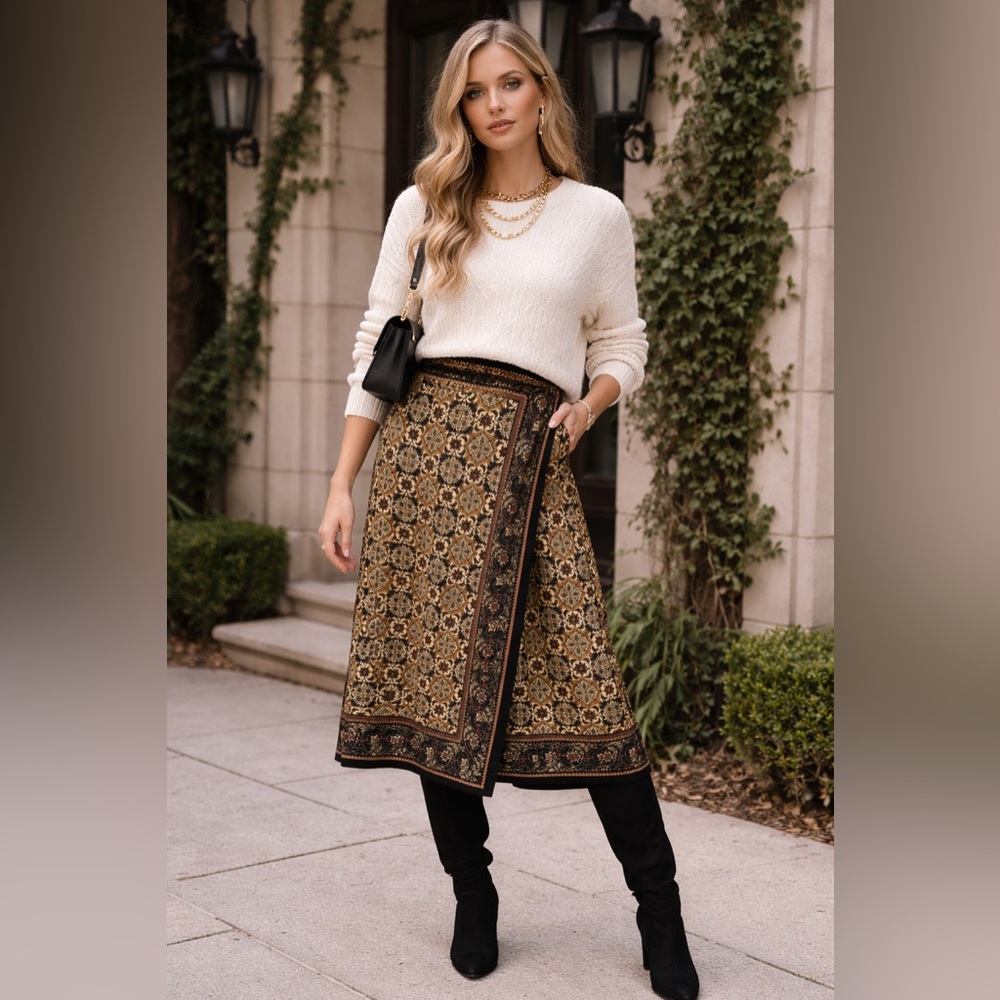 Sag Harbor Boho Midi Skirt Black Gold Red Floral Tapestry Print Wrap Style